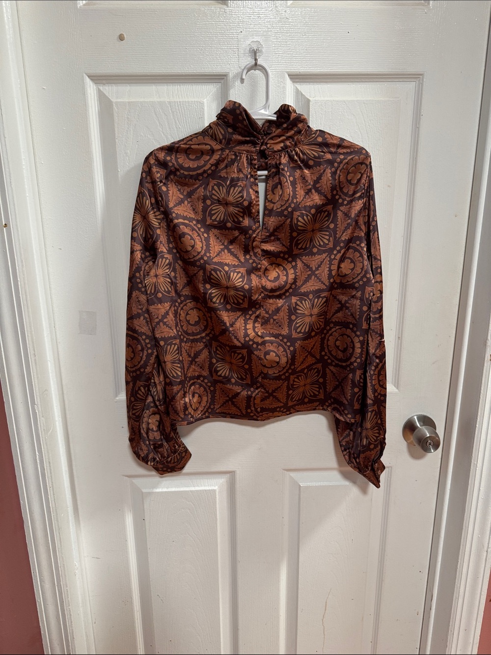 Doe & Rae Brown Printed Ruffled High-Neck Blouse